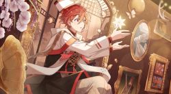 Rule 34 | 1boy, bishounen, blurry, bokeh, bug, butterfly, cherry blossoms, depth of field, flower, framed, highres, idolish7, indoors, insect, light rays, long sleeves, male focus, mirror, moxingzhupaifan, nanase riku, picture frame, red eyes, red hair, short hair, sitting, sleeve cuffs, sleeves past wrists, solo, speaker, star (symbol), wind, wisteria