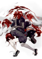 Rule 34 | 1other, abstract, absurdres, agaerror22, belt, black footwear, black shorts, cinnabar (houseki no kuni), colored skin, commentary request, from side, gem uniform (houseki no kuni), highres, houseki no kuni, long hair, other focus, pale skin, red hair, shoelaces, shoes, short sleeves, shorts, simple background, solo, standing, white skin