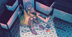 Rule 34 | 1girl, absurdres, ankle boots, black footwear, black pantyhose, blue hair, boots, brick wall, chinese commentary, closed eyes, collar, commentary request, dated, fish, fish tank, frilled shirt collar, frilled sleeves, frills, from above, furahata gen, goldfish, green collar, green skirt, hands on own knees, highres, indoors, knees together feet apart, knees up, komeiji koishi, long sleeves, mosaic pattern, no headwear, on floor, pantyhose, patterned, shadow, shirt, short hair, signature, sitting, skirt, solo, third eye, tile floor, tiles, touhou, yellow shirt
