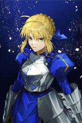Rule 34 | 1girl, ahoge, armor, armored dress, artoria pendragon (all), artoria pendragon (fate), blonde hair, blue background, blue bow, blue dress, bow, braid, breastplate, closed mouth, dress, fate/stay night, fate (series), faulds, green eyes, hair bow, highres, juliet sleeves, long sleeves, looking at viewer, puffy sleeves, rerebrace, saber (fate), serious, short hair, sidelocks, simple background, solo, umeboitarou, upper body, vambraces