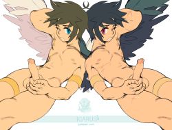Rule 34 | 2boys, absurdres, ahoge, back-to-back, bespectacled, black hair, black wings, blue eyes, brekkist, brown hair, dark persona, dark pit, dual persona, erection, feathered wings, glasses, highres, inset, kid icarus, kid icarus uprising, male focus, male masturbation, masturbation, multiple boys, mutual masturbation, navel, nintendo, nude, one eye closed, palutena, penis, pit (kid icarus), purple eyes, revision, round eyewear, scar, testicles, thigh strap, thighs, toned, uncensored, white background, white wings, wings