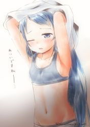 Rule 34 | 1girl, armpits, arms up, blue eyes, blue hair, collarbone, commentary request, flat chest, gradient hair, kantai collection, long hair, mae (maesanpicture), multicolored hair, navel, samidare (kancolle), solo, sports bra, swept bangs, translation request, undressing, upper body, very long hair