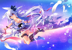 Rule 34 | 1girl, animal ears, backless outfit, bare shoulders, black footwear, blue skirt, boots, bow, character request, closed mouth, cloud, cloudy sky, commentary request, detached sleeves, fox ears, fox girl, fox tail, hair between eyes, hakoniwa oukoku no souzoushu-sama, horizon, knee boots, long hair, looking at viewer, looking back, miniskirt, nanamomo rio, outdoors, pleated skirt, puffy short sleeves, puffy sleeves, purple sky, red eyes, red ribbon, ribbon, shoe soles, short sleeves, silver hair, skirt, sky, smile, solo, sunset, tail, very long hair, white bow, white sleeves, wrist cuffs