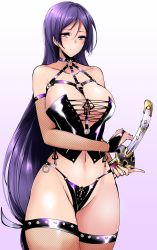 Rule 34 | 1girl, absurdres, agetama, bare shoulders, blush, bondage outfit, breasts, cleavage, elbow gloves, fate/grand order, fate (series), fishnet gloves, fishnet legwear, fishnets, gloves, highres, large breasts, long hair, looking at viewer, minamoto no raikou (fate), navel, purple eyes, purple hair, sheath, sheathed, smile, solo, standing, very long hair