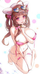 Rule 34 | 1girl, ahoge, bell, bikini, blush, bow, breasts, brown hair, character request, choker, destiny child, embarrassed, eyewear on head, large breasts, neck bell, pakhet (destiny child), pink bow, ribbon, sprinkles, sunglasses, swimsuit, thighs, wardrobe malfunction, yurika48597221