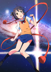 Rule 34 | 1girl, ahoge, arm at side, bare arms, black hair, black socks, blue skirt, bow, bowtie, brown eyes, brown footwear, eyebrows, eyelashes, galaxy, hair ribbon, hand up, io naomichi, kimi no na wa., legs apart, loafers, miniskirt, miyamizu mitsuha, open mouth, orange vest, pleated skirt, red bow, red bowtie, red ribbon, ribbon, shirt, shoes, short hair, short sleeves, skirt, socks, solo, space, sparkle, star (sky), sweater vest, teeth, vest, white shirt, wristband