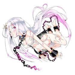 Rule 34 | 1girl, breasts, chain, collar, commentary request, cuffs, kuroneko no toorimichi, long hair, looking at viewer, original, pink hair, shackles, simple background, solo, torn clothes, very long hair, white background, white hair