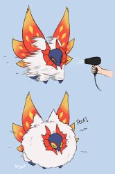 Rule 34 | 1other, animal focus, blue background, creatures (company), fluffy, game freak, hair dryer, highres, holding, holding hair dryer, nintendo, pokemon, pokemon (creature), simple background, slither wing, sound effects, theia lockhart, wind