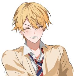 1boy ^_^ blue_necktie blush cardigan chu_yeon closed_eyes collared_shirt commentary_request diagonal-striped_clothes diagonal-striped_necktie grin hair_behind_ear highres male_focus necktie orange_hair project_sekai red_necktie school_uniform shirt simple_background smile solo striped_clothes tenma_tsukasa v-shaped_eyebrows white_background white_shirt yellow_cardigan