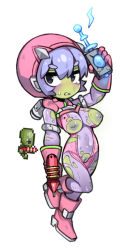 Rule 34 | 1girl, alien, arm up, black eyes, bodysuit, boots, breasts, cleft of venus, colored nipples, colored skin, covered navel, creature and personification, energy gun, full body, gloves, green skin, gun, hair between eyes, holding, holding gun, holding weapon, inverted nipples, knee boots, large breasts, leg up, multicolored bodysuit, multicolored clothes, nipples, no nose, nyong nyong, personification, pink bodysuit, pink footwear, pink gloves, purple bodysuit, purple hair, purple nipples, purple pussy, pussy, ray gun, reference inset, scutlix gunner (terraria), short hair, simple background, solo, terraria, torn bodysuit, torn clothes, two-tone bodysuit, uncensored, weapon, white background