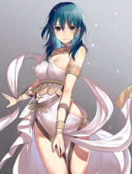 Rule 34 | 1girl, armlet, asymmetrical clothes, bare shoulders, blue eyes, blue hair, blush, bracelet, breasts, byleth (female) (fire emblem), byleth (fire emblem), cleavage, closed mouth, collar, collarbone, commentary request, covered navel, cowboy shot, dancer, dancer (fire emblem: three houses), dress, fire emblem, fire emblem: three houses, gradient background, grey background, haru (nakajou-28), highres, jewelry, large breasts, long hair, looking at viewer, nintendo, pelvic curtain, revealing clothes, shawl, simple background, single-shoulder dress, smile, solo, thighs, white dress