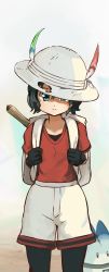 Rule 34 | 10s, 1girl, backpack, bag, black gloves, black hair, blue eyes, bucket hat, closed mouth, gloves, hair between eyes, hat, hat feather, highres, kaban (kemono friends), kemono friends, looking at viewer, lucky beast (kemono friends), morakkyo (mephilas g3), pantyhose, red shirt, shirt, short hair, short sleeves, shorts, solo, standing, v-neck, wavy hair