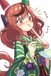 Rule 34 | 1girl, :3, @ @, absurdres, animal ears, blush, bow, bowl, breasts, brown eyes, chopsticks, commentary request, ear covers, eating, food, hair bow, hair ornament, highres, holding, holding chopsticks, horse ears, horse girl, japanese clothes, kimono, looking at viewer, medium breasts, medium hair, nice nature (converging wishes) (umamusume), nice nature (umamusume), official alternate costume, official alternate hairstyle, solo, tsetainsu, umamusume, upper body, white background