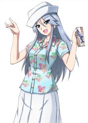 Rule 34 | 1girl, :d, \n/, blue eyes, blue shirt, can, casual, dixie cup hat, energy drink, flint (girls und panzer), fox shadow puppet, girls und panzer, hat, hawaiian shirt, head tilt, highres, holding, holding can, long hair, long skirt, looking at viewer, military hat, omachi (slabco), open mouth, pleated skirt, shirt, short sleeves, silver hair, simple background, skirt, smile, solo, standing, upper body, w arms, white background, white skirt