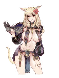 Rule 34 | 10s, 1girl, animal ears, blonde hair, blush, book, breasts, cat ears, cat tail, covered erect nipples, cropped legs, fangs, female pubic hair, final fantasy, final fantasy xiv, flower, groin, hair flower, hair ornament, hand on own thigh, highres, large breasts, leaning forward, looking at viewer, miqo&#039;te, navel, nipple piercing, nipples, no bra, no panties, pelvic curtain, piercing, piercing through clothes, pubic hair, puffy sleeves, q azieru, revealing clothes, see-through, simple background, smile, solo, tail, white background
