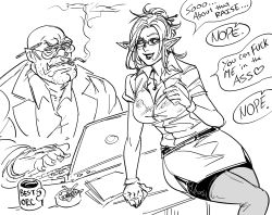 Rule 34 | 1boy, 1girl, at computer, bb (baalbuddy), bra visible through clothes, breasts, cigarette, cleavage, coffee mug, collared shirt, computer, cup, dark elf, desk, elf, english text, female pervert, folded ponytail, garter straps, glasses, greyscale, hair ornament, hairpin, highres, jewelry, laptop, large breasts, lipstick, long sleeves, makeup, miniskirt, mole, mole under mouth, monochrome, mouth hold, mug, mug writing, necklace, office lady, orc, original, pencil, pencil skirt, pervert, pointy ears, rejection, self exposure, shirt, simple background, sitting, skirt, smile, smoke, smoking, thighhighs, typing, white background, wing collar