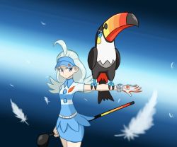 Rule 34 | &gt;:(, 1girl, ahoge, animal on arm, aqua hair, beak, bird, bird on arm, bird wings, blue hat, blue skirt, bracelet, breasts, buttons, closed mouth, collared shirt, creatures (company), elite four, feathers, frown, game freak, gen 7 pokemon, gloves, golf club, hat, holding, jewelry, kahili (pokemon), kurogane hagane, long hair, looking away, looking to the side, medium breasts, miniskirt, nintendo, outstretched arm, pencil skirt, pokemon, pokemon (creature), pokemon sm, purple eyes, shirt, short sleeves, single glove, skirt, standing, striped clothes, striped shirt, toucan, toucannon, v-shaped eyebrows, white gloves, wings, z-ring