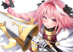 Rule 34 | 1boy, :p, astolfo (fate), black bow, black gloves, black ribbon, black shirt, blurry, blush, bow, braid, cloak, commentary request, cross, depth of field, fang, fang out, fate/apocrypha, fate (series), floating hair, fur-trimmed cloak, fur trim, gauntlets, glint, gloves, hair between eyes, hair bow, hair intakes, hair ribbon, highres, holding, holding lance, holding polearm, holding weapon, lance, long hair, looking at viewer, male focus, multicolored hair, pink hair, polearm, purple eyes, ribbon, shirt, sidelocks, simple background, single braid, skin fang, smile, solo, streaked hair, takatun223, tongue, tongue out, trap, turtleneck, upper body, weapon, white background, white cloak, white hair