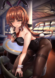 Rule 34 | 1girl, absurdres, animal ears, black pantyhose, breasts, brown hair, casino, grabbing own breast, hair ornament, hairclip, highres, indoors, kantai collection, large breasts, leotard, long hair, necktie, pantyhose, playboy bunny, poker chip, poker table, rabbit ears, rabbit tail, slot machine, solo, star (symbol), star hair ornament, sudachineko, table, tail, tashkent (kancolle), thighband pantyhose, twintails, waitress, wrist cuffs