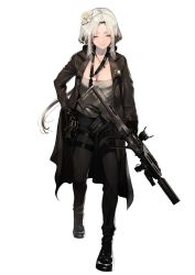 Rule 34 | 1girl, assault rifle, aug (girls&#039; frontline), bad id, bad twitter id, black coat, black footwear, black gloves, black pants, boots, breasts, bullpup, cleavage, closed mouth, coat, collarbone, facing viewer, flower, full body, girls&#039; frontline, gloves, grey hair, grey tube top, gun, hair flower, hair ornament, hair ribbon, highres, holding, holding gun, holding weapon, ihobus, jewelry, long hair, low ponytail, magazine (weapon), necklace, open clothes, open coat, pants, parted bangs, ribbon, rifle, scope, sidelocks, simple background, smile, solo, steyr aug, strapless, suppressor, thigh strap, tube top, weapon, white background