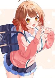 Rule 34 | 1girl, :d, ahoge, bag, blue skirt, breasts, brown hair, cardigan, commentary, cowboy shot, dot nose, gakuen idolmaster, hair bun, hanami ume, highres, idolmaster, index fingers together, large breasts, leaning forward, legs together, long sleeves, looking at viewer, medium hair, miniskirt, open mouth, orange eyes, own hands together, pink cardigan, school uniform, single side bun, skirt, smile, solo, standing, sutoroa, white background