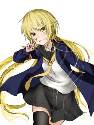 Rule 34 | 1girl, armband, black thighhighs, blonde hair, blue jacket, crescent, crescent pin, eeryuu (2004107), jacket, kantai collection, long hair, long sleeves, looking at viewer, low twintails, neckerchief, open mouth, satsuki (kancolle), satsuki kai ni (kancolle), school uniform, serafuku, simple background, solo, thighhighs, twintails, v, white background, yellow eyes, yellow neckerchief
