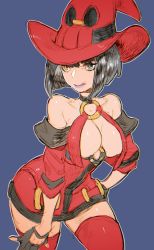 Rule 34 | 1girl, :q, bare shoulders, black choker, black hair, blue background, bob cut, boots, breasts, choker, cleavage, collarbone, dress, fingerless gloves, gloves, guilty gear, hat, heterochromia, highres, i-no, large breasts, leather, miniskirt, o-ring, o-ring choker, o-ring top, red dress, red footwear, red hat, short dress, short hair, sketch, skirt, solo, thigh boots, thighhighs, tongue, tongue out, witch hat, yohane shimizu, zettai ryouiki