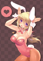 Rule 34 | 108 gou, 10s, 1girl, :o, animal ears, arched back, arms up, blonde hair, blush, bow, bowtie, breasts, charlotte dunois, checkered background, cleavage, cowboy shot, detached collar, fake animal ears, heart, infinite stratos, jewelry, large breasts, leotard, long hair, necklace, pantyhose, playboy bunny, ponytail, purple eyes, rabbit ears, rabbit tail, solo, spoken heart, tail, wrist cuffs