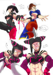Rule 34 | 3girls, abs, alternate costume, alternate eye color, alternate hairstyle, bad id, bad pixiv id, black hair, bodysuit, breasts, brown eyes, brown hair, bun cover, capcom, china dress, chinese clothes, chun-li, collage, crazy eyes, detached sleeves, double bun, dress, drill hair, dudou, earrings, evil grin, evil smile, fingerless gloves, gloves, grin, guile, hair bun, hair ribbon, halterneck, han juri, jewelry, large breasts, marimo (yousei ranbu), midriff, multiple girls, muscular, nail polish, navel, pantyhose, pelvic curtain, ponytail, purple eyes, red eyes, ribbon, short twintails, sideboob, smile, standing, standing on one leg, street fighter, translation request, twin drills, twintails, zipper