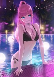 Rule 34 | 1girl, arm support, bare arms, bare shoulders, bikini, black bikini, blue eyes, blunt bangs, blurry, blurry background, breasts, building, choker, cleavage, closed mouth, commentary request, depth of field, hara kenshi, high ponytail, highres, lens flare, long hair, looking at viewer, navel, night, original, outdoors, palm tree, pink hair, ponytail, pool, reflection, side-tie bikini bottom, sidelocks, skyscraper, small breasts, smile, solo, stomach, swimsuit, tree, wading, water, wet