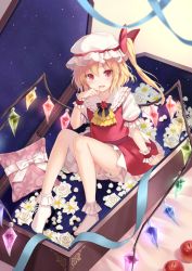 Rule 34 | 1girl, apple, ascot, blonde hair, bloomers, bobby socks, bow, coffin, dress, flandre scarlet, flower, food, fruit, fukahire (ruinon), hat, hat bow, md5 mismatch, mob cap, no shoes, open mouth, puffy short sleeves, puffy sleeves, red dress, red eyes, revision, shirt, short sleeves, side ponytail, sitting, smile, socks, solo, starry sky print, touhou, underwear, wings, wrist cuffs