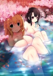Rule 34 | 10s, 2girls, atago (kancolle), autumn leaves, bare legs, bare shoulders, bathing, black hair, blonde hair, blush, breasts, collarbone, green eyes, highres, kantai collection, leaf, long hair, looking at viewer, maple leaf, multiple girls, nude, open mouth, partially submerged, personification, pink eyes, shiny skin, short hair, takao (kancolle), zheyi parker