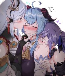 Rule 34 | 3girls, ahoge, aqua nails, blush, breasts, closed mouth, detached sleeves, closed eyes, fff threesome, ganyu (genshin impact), genshin impact, goat horns, group sex, hand on another&#039;s shoulder, horns, keqing (genshin impact), long hair, looking at another, medium breasts, multiple girls, nail polish, negom, purple hair, purple nails, shenhe (genshin impact), sweat, threesome, upper body, yuri