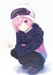 Rule 34 | 1girl, absurdres, alternate costume, beanie, bee doushi, black footwear, black pants, blush, closed mouth, commentary request, eyes visible through hair, fate/grand order, fate (series), full body, goggles, goggles on headwear, grey background, hair over one eye, hat, highres, jacket, long sleeves, looking at viewer, mash kyrielight, pants, pink hair, pink jacket, purple eyes, short hair, signature, ski goggles, smile, solo, squatting, v, white hat