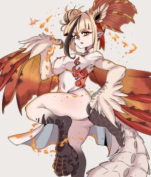 Rule 34 | a.c. hunter, absurdres, aknosom, bird legs, blonde hair, body freckles, breasts, china dress, chinese clothes, claws, commentary, covered navel, digitigrade, dress, english commentary, eyeshadow, fire, freckles, gradient wings, hair bun, harpy, highres, long tail, makeup, medium breasts, monster girl, monster hunter (series), monster hunter rise, multicolored hair, multicolored wings, open mouth, orange wings, personification, pointy ears, red eyeshadow, simple background, streaked hair, tail, talons, white background, white dress, wings, yellow eyes
