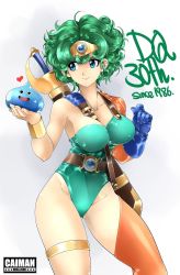 Rule 34 | 1girl, ahoge, animal, anniversary, artist name, belt, between breasts, blue eyes, blue gloves, bracelet, breasts, cai-man, curly hair, dragon quest, dragon quest iv, gloves, green hair, heroine (dq4), highres, holding, holding animal, jewelry, leotard, lips, looking at another, messy hair, scabbard, sheath, single glove, single thighhigh, slime (dragon quest), solo, thighhighs, thighs, torc, weapon, weapon on back