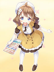 Rule 34 | 1girl, ahoge, apron, black dress, black necktie, blue eyes, blush, brown hair, dot nose, dress, flower, frilled apron, frilled dress, frills, hair flower, hair ornament, highres, holding, holding menu, idolmaster, idolmaster million live!, idolmaster million live! theater days, loafers, looking at viewer, menu, necktie, open mouth, shoes, short hair, short sleeves, simple background, solo, suou momoko, thighhighs, toma (shinozaki), v-shaped eyebrows, white thighhighs, yellow apron, yellow background