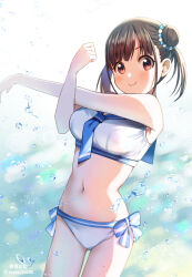 Rule 34 | 1girl, artist name, bare shoulders, bikini, blue neckerchief, blue sailor collar, blurry, blurry background, blush, breasts, brown hair, closed mouth, cowboy shot, dot nose, hair bun, hands up, highres, idolmaster, idolmaster shiny colors, large breasts, long hair, looking at viewer, neckerchief, red eyes, sailor bikini, sailor collar, sailor swimsuit (idolmaster), side-tie bikini bottom, smile, solo, sonoda chiyoko, soramame tomu, splashing, standing, stretching, swimsuit, twintails, twitter username, water, white bikini