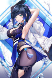 Rule 34 | 1girl, arm behind head, armpits, arms up, blue hair, blunt bangs, braid, breasts, cleavage, cleavage cutout, clothing cutout, detached sleeves, genshin impact, green eyes, highres, liu liaoliao, long sleeves, medium breasts, mole, mole on breast, parted lips, single detached sleeve, solo, standing, tassel, vision (genshin impact), yelan (genshin impact)