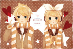 Rule 34 | 1boy, 1girl, :o, aqua eyes, blonde hair, brother and sister, character name, hair ornament, hairband, hairclip, headphones, heart, kagamine len, kagamine rin, mikanniro, scarf, siblings, star (symbol), striped clothes, striped scarf, tongue, tongue out, v, vocaloid