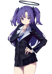 Rule 34 | 1girl, :i, absurdres, blue archive, blue necktie, halo, hand on own hip, hand on own chin, highres, jacket, long hair, miniskirt, necktie, purple hair, school uniform, simple background, skirt, solo, thighs, two side up, yoon cook, yuuka (blue archive)