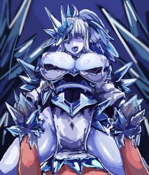 Rule 34 | 1boy, 1girl, ahegao, blue eyes, blue hair, blue skin, breasts, colored skin, cowgirl position, highres, holding hands, large breasts, monster girl encyclopedia, open mouth, sex, straddling, tagme, tsurara onna (monster girl encyclopedia), udetamago