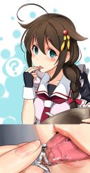 Rule 34 | 1girl, admiral (kancolle), ahoge, apron, black gloves, black hair, black serafuku, blue background, blue eyes, blush, braid, breasts, collarbone, cooking, ebizome, fingernails, giant, giantess, gloves, hair flaps, hair ornament, highres, kantai collection, long hair, looking at another, looking at viewer, medium breasts, mini person, miniboy, necktie, official style, pot, red neckwear, remodel (kantai collection), school uniform, serafuku, shigure (kancolle), short sleeves, single braid, solo focus, sweatdrop, tasting, tongue, tongue out, upper body