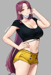 Rule 34 | 1girl, black shirt, breasts, character request, cleavage, copyright request, cowboy shot, crop top, grey background, hand on own hip, hand up, highres, large breasts, long hair, looking at viewer, mask, midriff, mouth mask, navel, parted lips, pinepin, purple hair, shirt, short shorts, short sleeves, shorts, simple background, solo, standing, stomach, surgical mask, thighs, very long hair, yellow eyes, yellow shorts