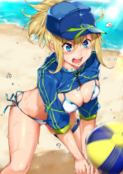 Rule 34 | 1girl, ahoge, artoria pendragon (fate), ball, baseball cap, bikini, blonde hair, blue eyes, blue hat, blurry, breasts, collarbone, commentary request, cropped jacket, day, depth of field, fate/grand order, fate (series), from above, hair through headwear, hat, leaning forward, light rays, long hair, looking at viewer, medium breasts, mysterious heroine x (fate), mysterious heroine xx (fate), naha78, navel, ocean, open mouth, outdoors, ponytail, sand, serious, shrug (clothing), side-tie bikini bottom, skindentation, solo, standing, sunlight, sweat, swimsuit, thigh strap, thighs, volleyball, volleyball (object), water, white bikini