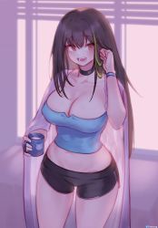 Rule 34 | 1girl, black choker, blouse, blue shirt, blue tube top, blush, breasts, brown eyes, brown hair, choker, cleavage, cowboy shot, cup, eonsang, girls&#039; frontline, green hair, highres, holding, holding cup, large breasts, long hair, lower teeth only, m4a1 (girls&#039; frontline), midriff, multicolored hair, narrow waist, open mouth, see-through, shirt, short shorts, shorts, solo, strapless, streaked hair, teeth, tube top, upper teeth only, wide hips