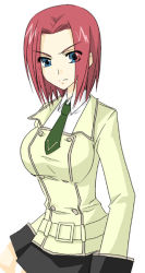 Rule 34 | &gt;:(, 00s, 1girl, blue eyes, buttons, code geass, double-breasted, frown, kouzuki kallen, long sleeves, minase ruruu, necktie, red hair, school uniform, serious, short hair, simple background, solo, v-shaped eyebrows, white background