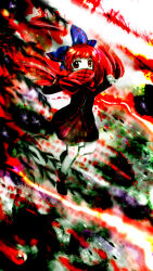 Rule 34 | 1girl, black shirt, blue bow, bow, cape, covered mouth, hair bow, long sleeves, medinki, official style, red cape, red eyes, red hair, red skirt, sekibanki, shirt, short hair, skirt, solo, touhou, zun (style)