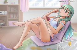 Rule 34 | 1girl, aqua hair, bare shoulders, barefoot, blush, bra, bra slip, breasts, chiwa (chiwa0617), cleavage, crossed legs, curtains, dated, food, from side, full body, green eyes, hair ornament, hairclip, highres, holding, holding food, holding spoon, ice cream, indoors, juice, kantai collection, large breasts, long hair, looking at viewer, midriff, orange juice, panties, purple bra, purple panties, sitting, solo, spoon, suzuya (kancolle), twitter username, underwear, utensil in mouth, window, wooden spoon