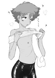 Rule 34 | 1boy, 1girl, ?, absurdres, bike shorts, blank censor, blush stickers, cameltoe, censored, clothes lift, cowboy bebop, disembodied penis, edward wong hau pepelu tivrusky iv, flat chest, greyscale, hetero, highres, kaiman garupan, lifting own clothes, monochrome, naizuri, nipples, open mouth, paizuri, penis, ribs, shiny clothes, shirt lift, short hair, simple background, solo focus, standing, sweat, testicles, white background